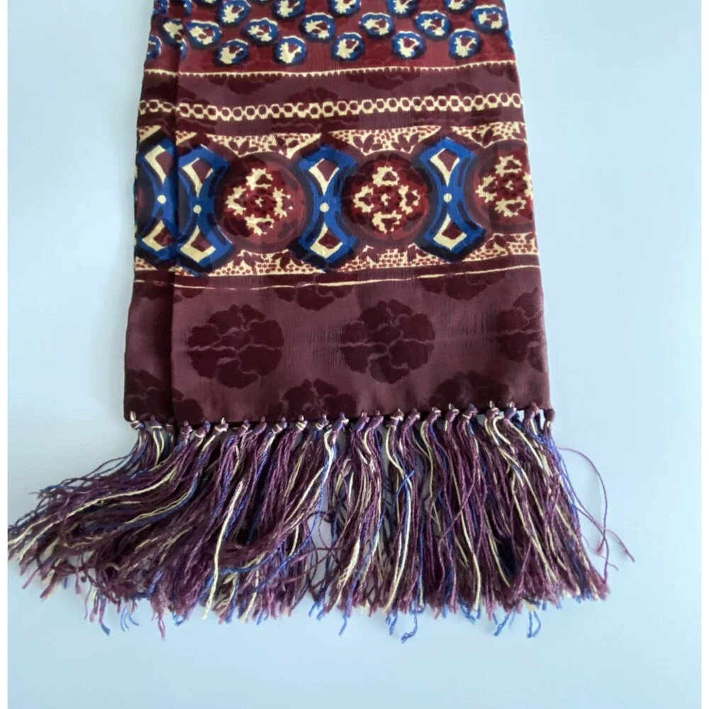 Men's Burgundy Fashion Scarf Fringe Blue Cream Geometric Pattern Dress Scarf